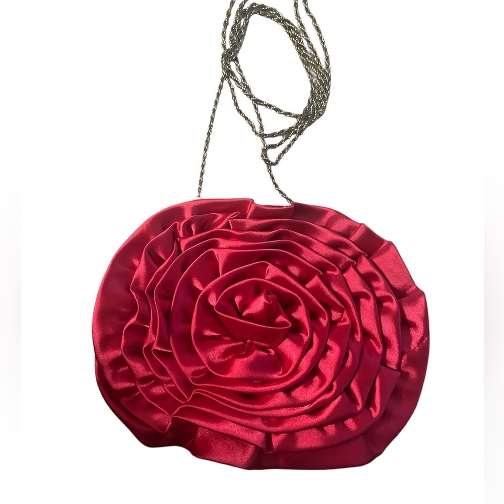 Hot Pink Satin Evening Bag w/ Detachable Silver Chain Shoulder Strap (24” Drop) - Picture 8 of 11